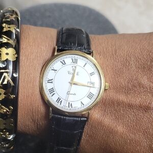 VINCENCE 14K YG LEATHER FAUX CROC BAND WATCH